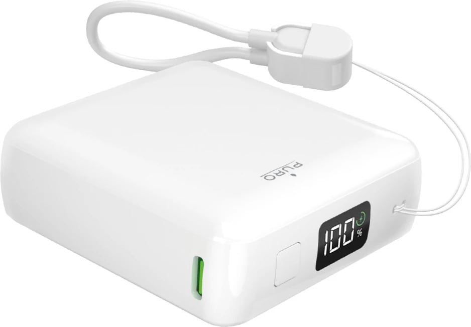 Bateri e jashtme, Puro, 10000mAh 20W PD me ekran LCD, USB-C & USB-A, kabëll USB-C i integruar, e bardhë