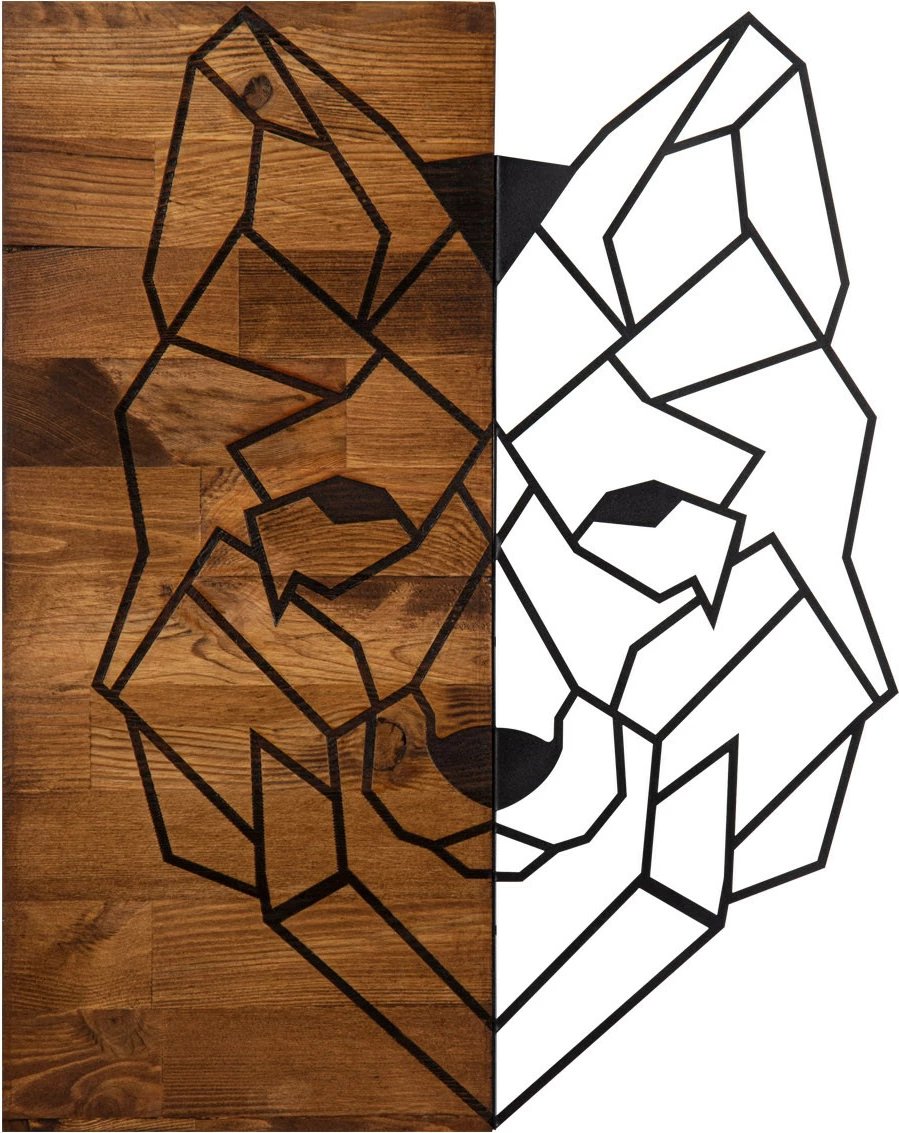 Aksesor dekorativ për mur, dru dhe metal, dizajn ujku, Wallity, ngjyrë e zezë dhe arre, 45.5x58cm