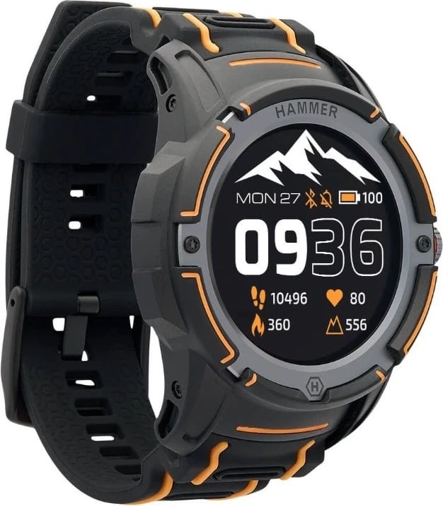 Orë inteligjente myPhone Hammer Watch Plus, me GPS dhe matës të pulsit, e zezë-portokalli