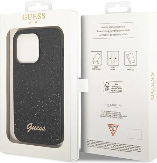 Mbështjellës Guess GUHCP14LHGGSHK për iPhone 14 Pro 6.1", Glitter Script, i fortë, i zi Mbështjellës Guess GUHCP14LHGGSHK për iPhone 14 Pro 6.1", Glitter Script, i fortë, i zi