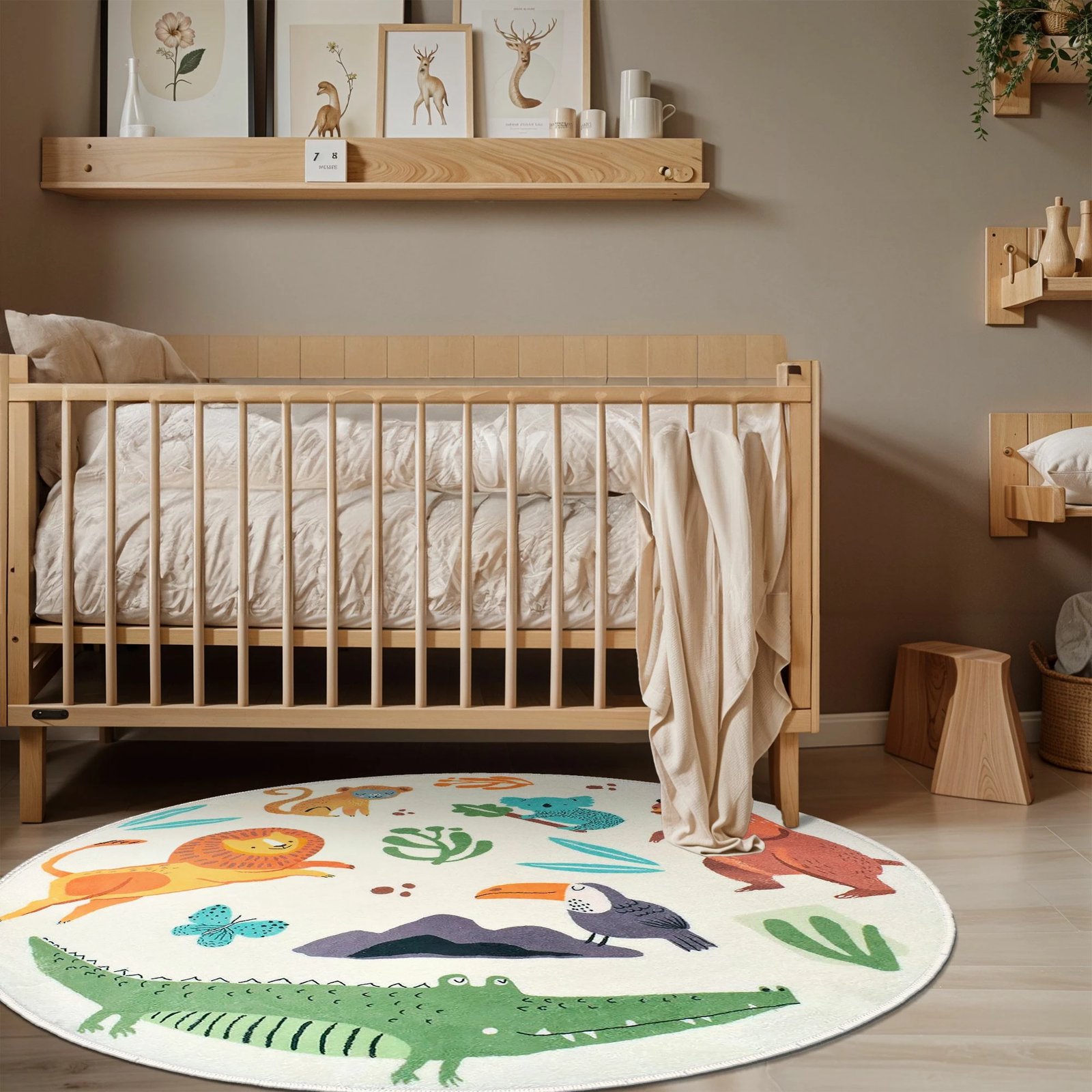 Qilim i rrumbullakët për fëmijë, ngjyrë e bardhë, dizajn me kafshë, Conceptum Hypnose, Woopamuk109, 100x100cm