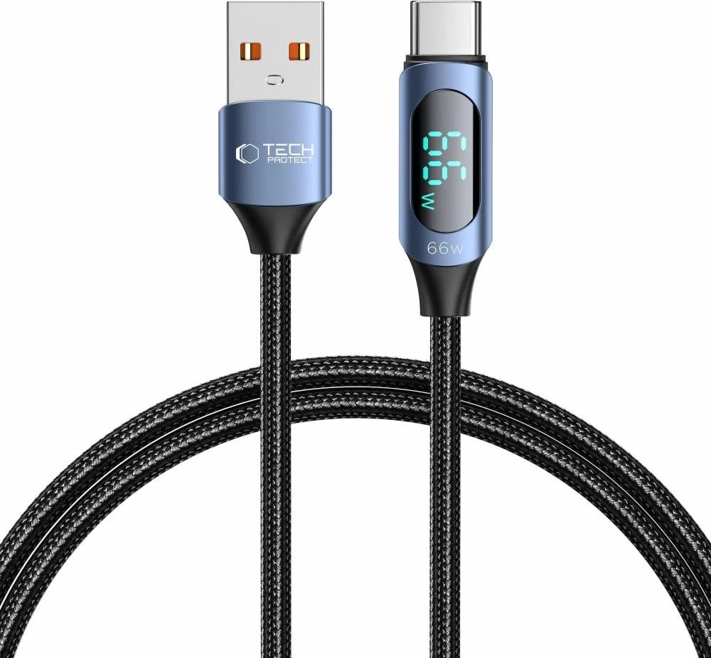Kabllo Tech-Protect UltraBoost me ekran LED, USB-C / USB-A, 66W, 1m, Blu