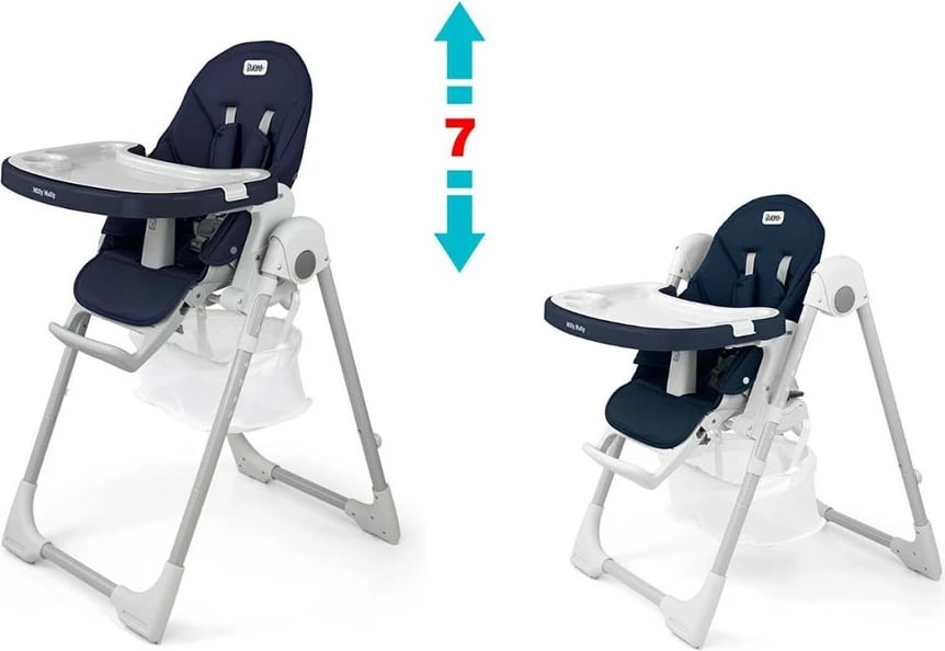 Karrige e lartë bebe, Milly Mally, Bueno Ocean, rregullim lartësie 7-nivel, shpinore reclinueshme, rripa 5-pikësh, 6–36 muaj, blu navy