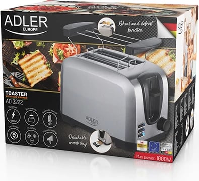 Toster Adler AD 3222, 2 feta, 7 nivele pjekjeje, 1000W, rrjetë ngrohëse për role, argjendtë