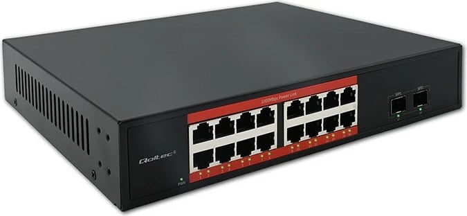 Switch PoE Gigabit, Qoltec 52364, 16x RJ45 10/100/1000, 2x SFP 1Gbps, Plug & Play