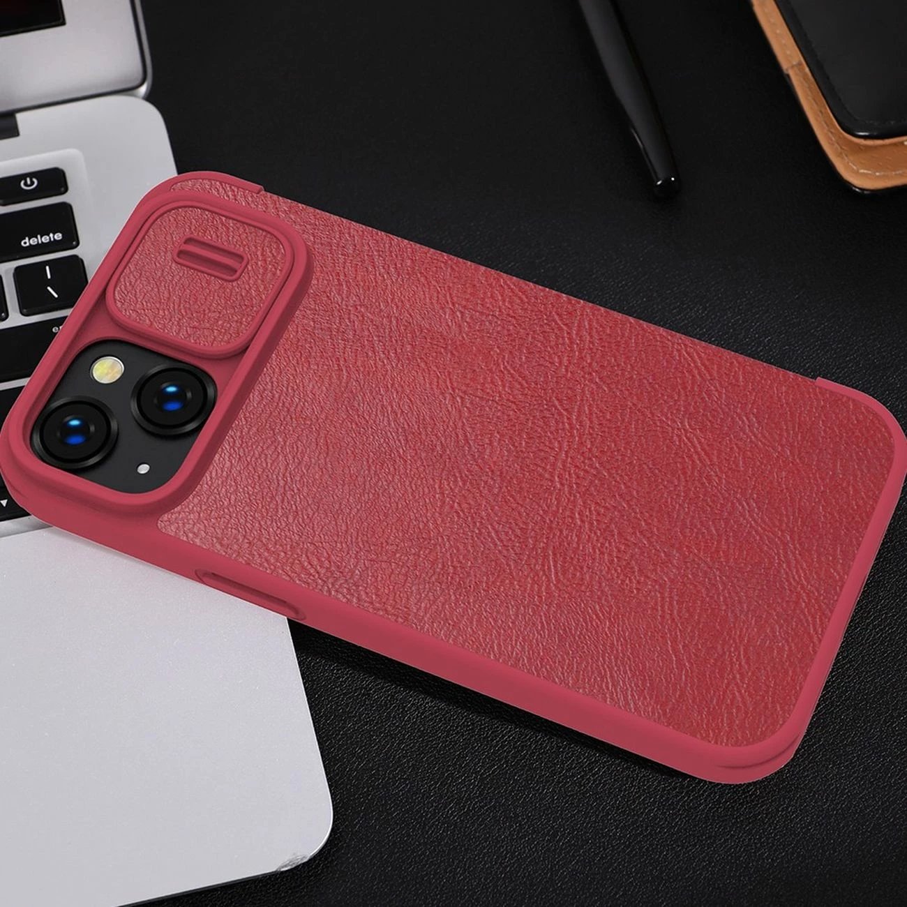 Mbështjellës Nillkin Qin Leather Pro Case për iPhone 14 Plus, me kapak dhe mbrojtje kamere, Kaltër
