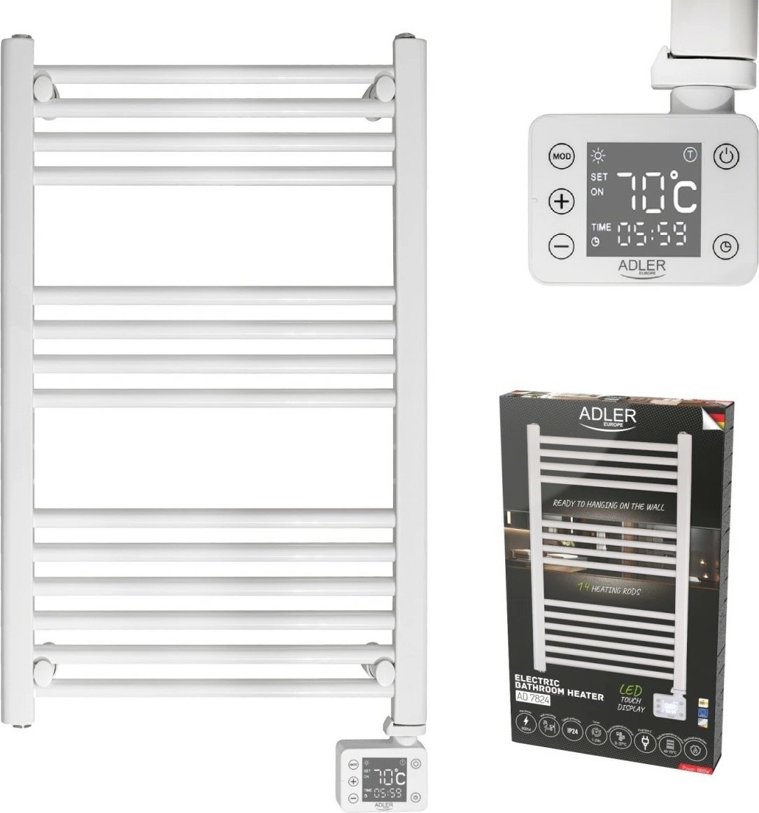 radiator banjo elektrik me LED, Adler AD 7824, 600 W, 50×90 cm, timer 24h, IP24, i bardhë
