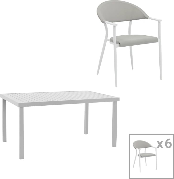 Tavolinë me karrige Kliton-Pino set prej 7 copash, alumini, ngjyrë e bardhë, 150x80x74cm