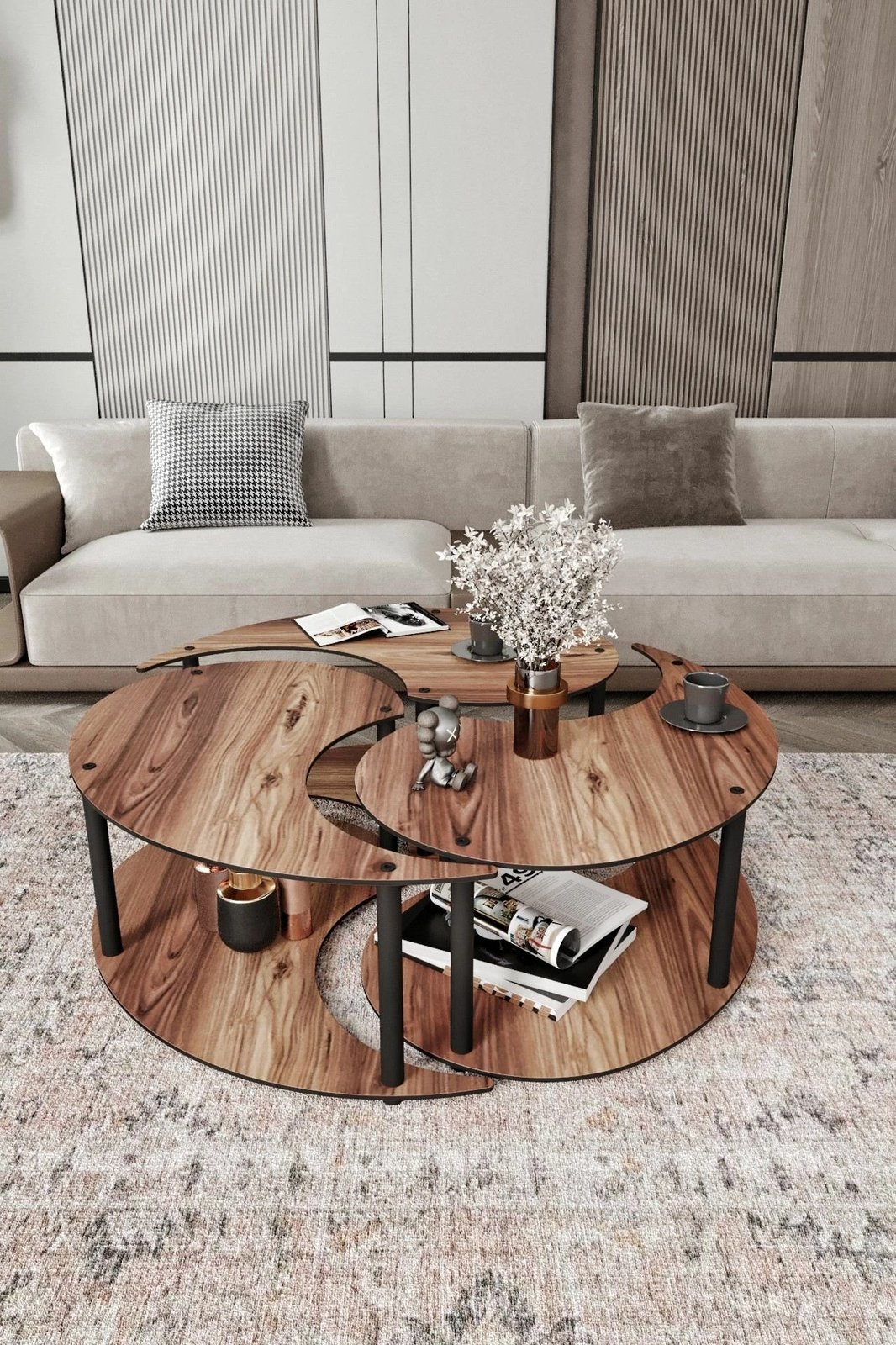 Set tavolinash kafeje Hanah Home, Yin Yang, 3 copë, ngjyrë arre, 70cm
