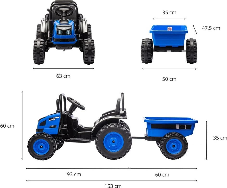 Traktor elektrik me rimorkio, Milly Mally Farmer, 12V 7Ah 2x35W, shpejtësi 3-5 km/h, telekomandë, blu