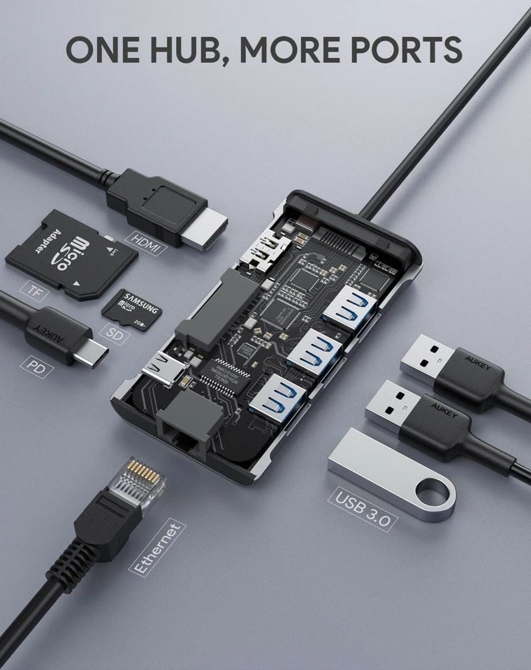 Kasë AUKEY CB-C91, 8-në-1, USB-C, HDMI 4K, RJ45, 3x USB 3.1, SD/microSD, Power Delivery 100W, Alumini, Argjend