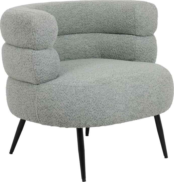 Fotelje me pëlhurë boucle ngjyrë jeshile e lehtë me këmbë metalike të zeza 76x75x72cm