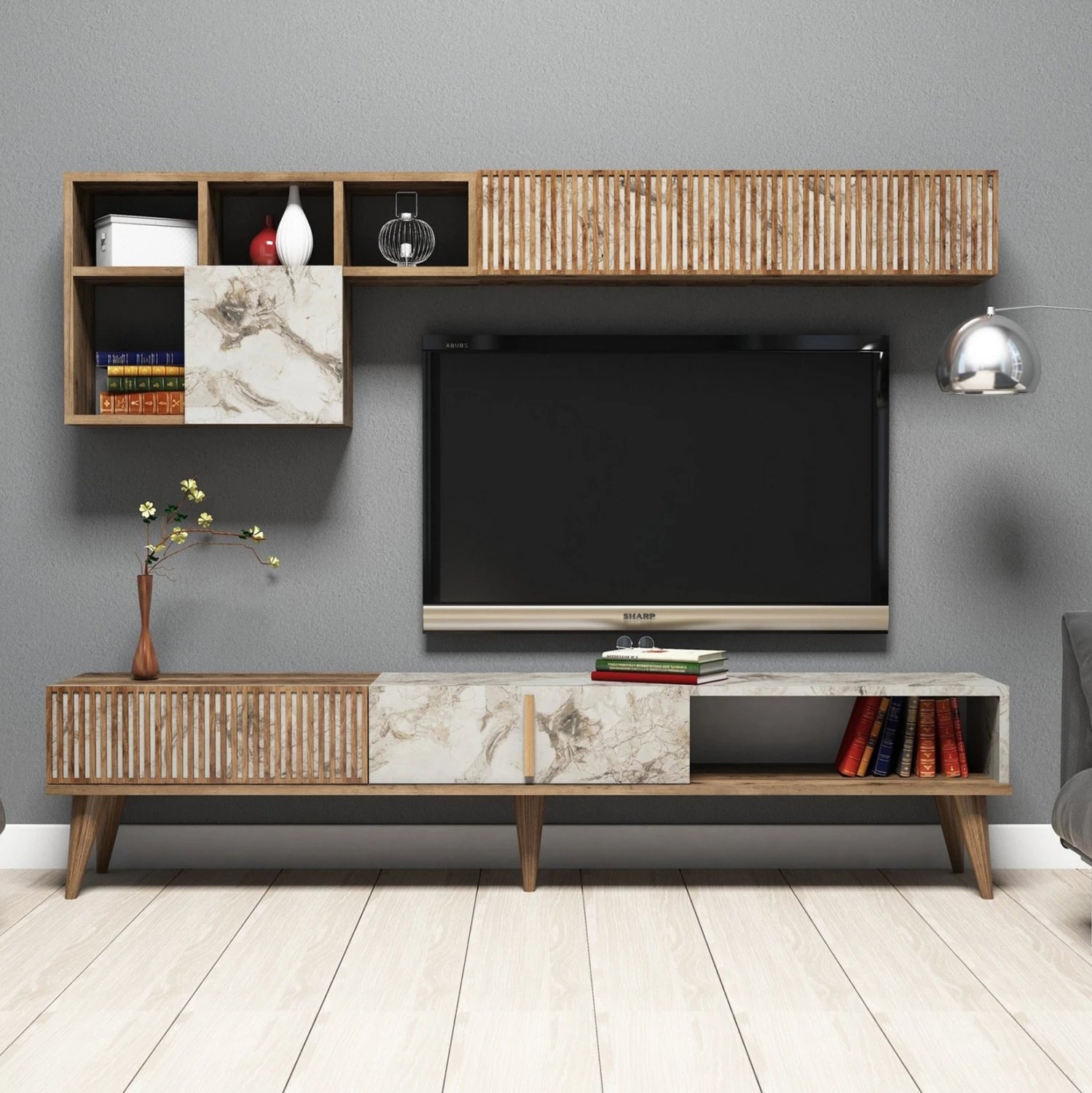 Mobilje TV melamine, ngjyrë arre dhe mermer i bardhë, 180x35x40 cm, FH9438.01