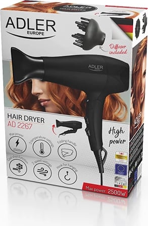 Tharëse flokësh, Adler AD 2267, 1800-2100W (maks. 2500W), 2 shpejtësi 3 temperatura me Cool Shot, dorezë e palosshme, me difuzor dhe koncentrator, e zezë