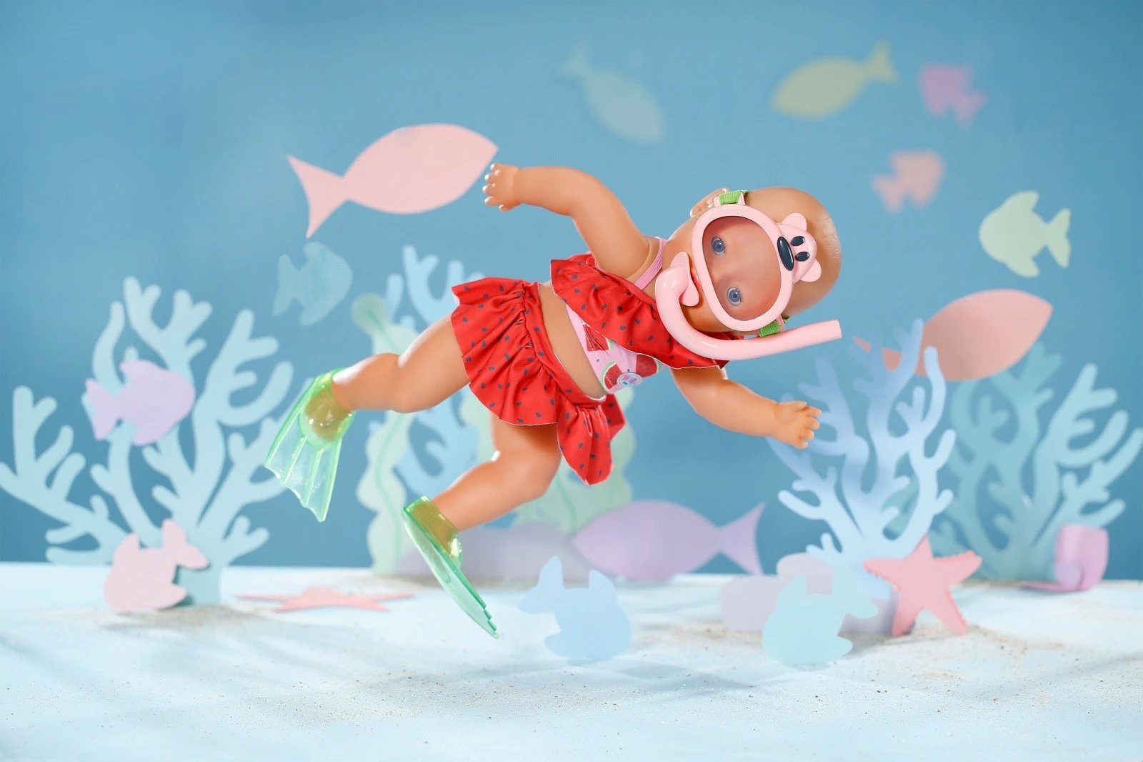 set zhytjeje për kukull, Baby Born, 836996-116724, përshtatje për kukulla 43 cm, me maskë snorkelingu dhe pala noti, rozë e kuqe