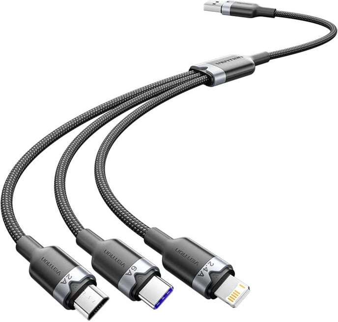 Kabllo 3-në-1 Vention CTRBG, 1.5m, USB 2.0 A në USB-C/Lightning/Micro-B, e zezë