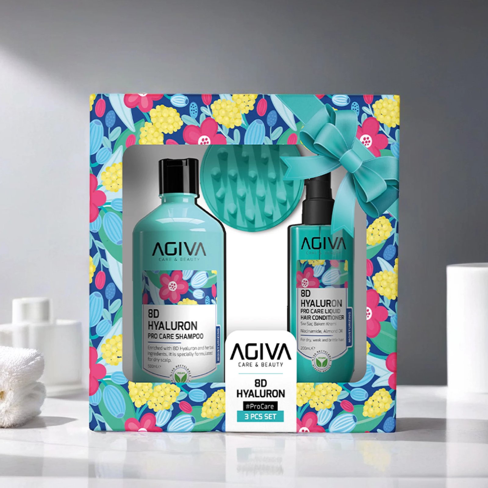 Set 3 pjesësh Pro Care Set Agiva 8D Hialuron  (Shampon 500 ml+ Kondicioner 200 m+ Krehër)