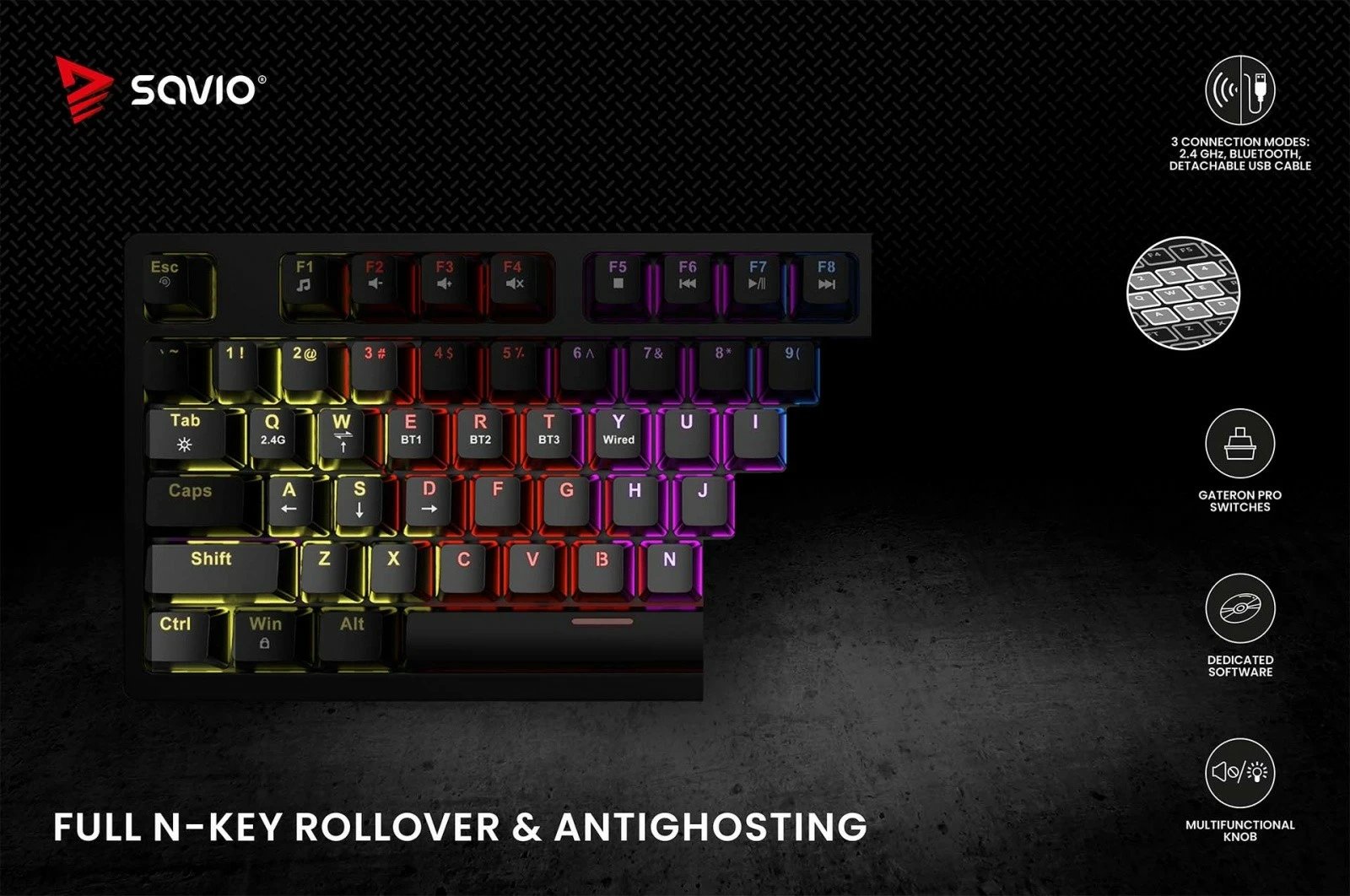 Tastierë mekanike wireless Savio Phenix, Gateron Red Pro, 82 taste, RGB, e zezë Tastierë mekanike wireless Savio Phenix, Gateron Red Pro, 82 taste, RGB, e zezë