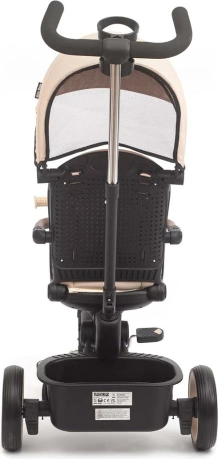 Tricikletë fëmijësh me dritë Milly Mally Twinkle, sedile rrotulluese 180°, timon prindëror i rregullueshëm, rrota shkumë, kapacitet 25 kg, me çati dhe kosha, bezhë