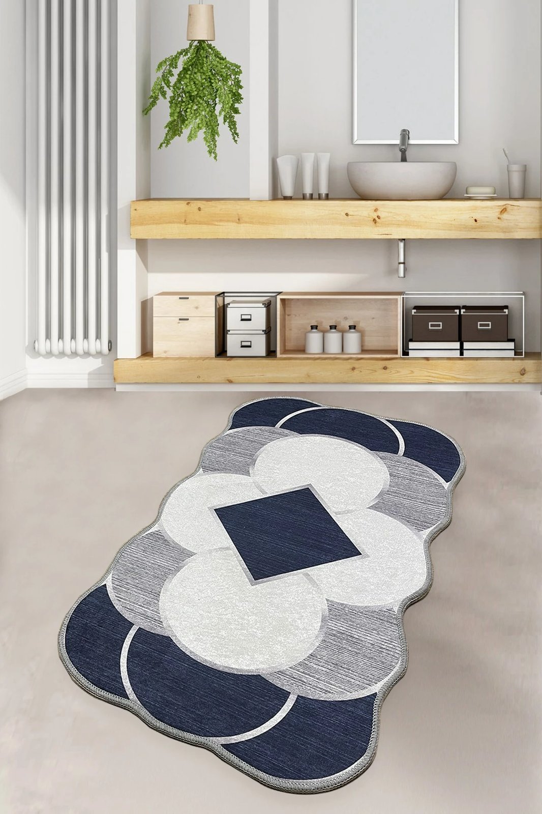 Tapet për banjo Mijölnir, Corte, ngjyrë kaltër e errët, gri, bardhë, 70x120cm