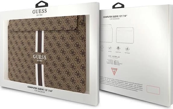 Mbështjellës laptopi Guess 4G Printed Stripes, 14", lëkurë ekologjike, Kafe