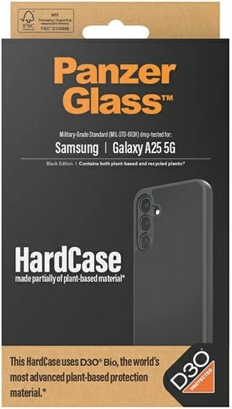Mbështjellës PanzerGlass HardCase për Samsung Galaxy A25 5G, D3O Bio, i zi dhe transparent
