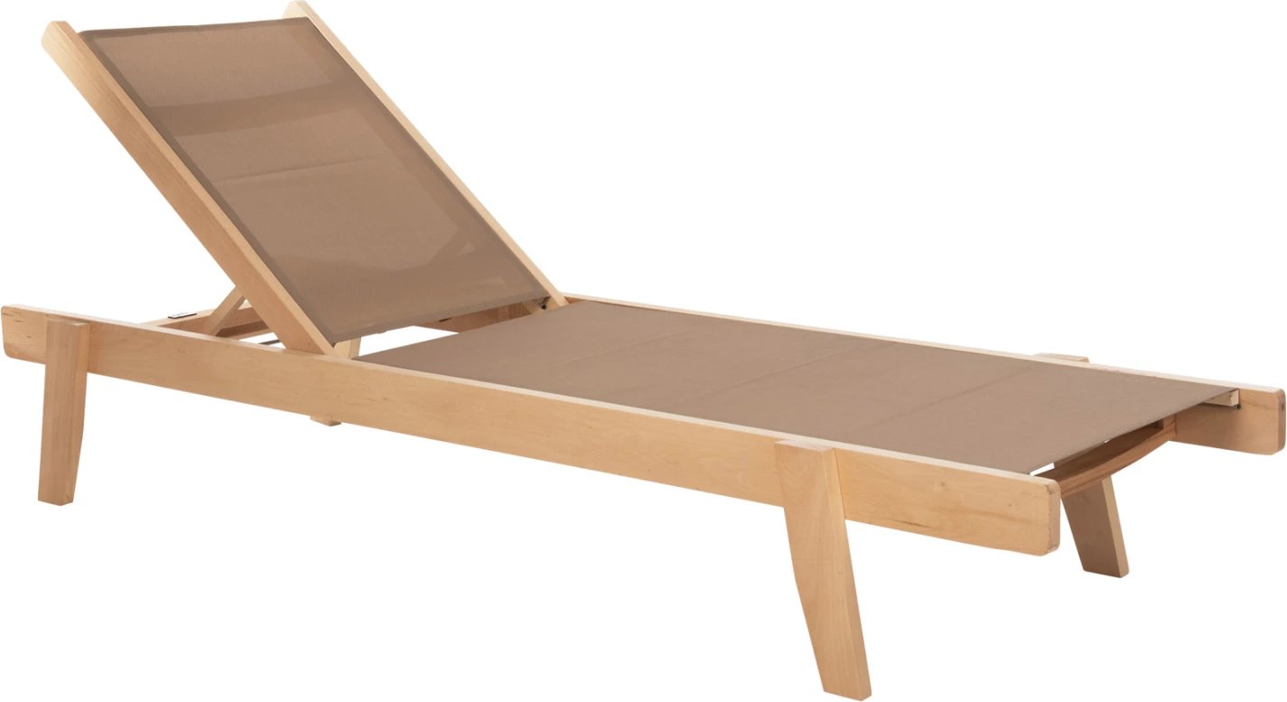 Shezlong profesional për plazh, dru ahu, ngjyrë natyrale & mocha textilene, 200x61-66x31-91H cm, FH10356.05