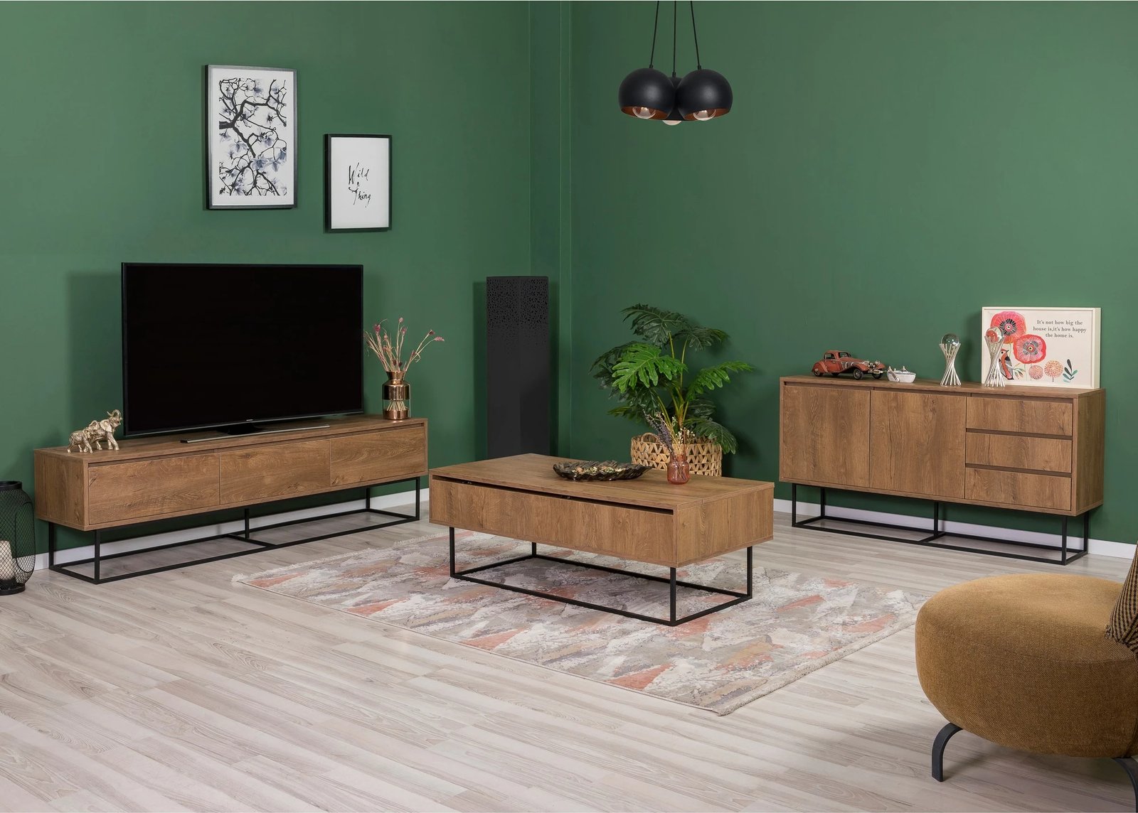 Set mobiljesh për dhomë dite, ngjyrë arre dhe e zezë, Laxus Takım 22, Skye Decor