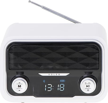 Radio Bluetooth Adler AD 1185, FM, USB/SD/AUX, stereo 2x5W, bateri 1800 mAh, me orë, e bardhë