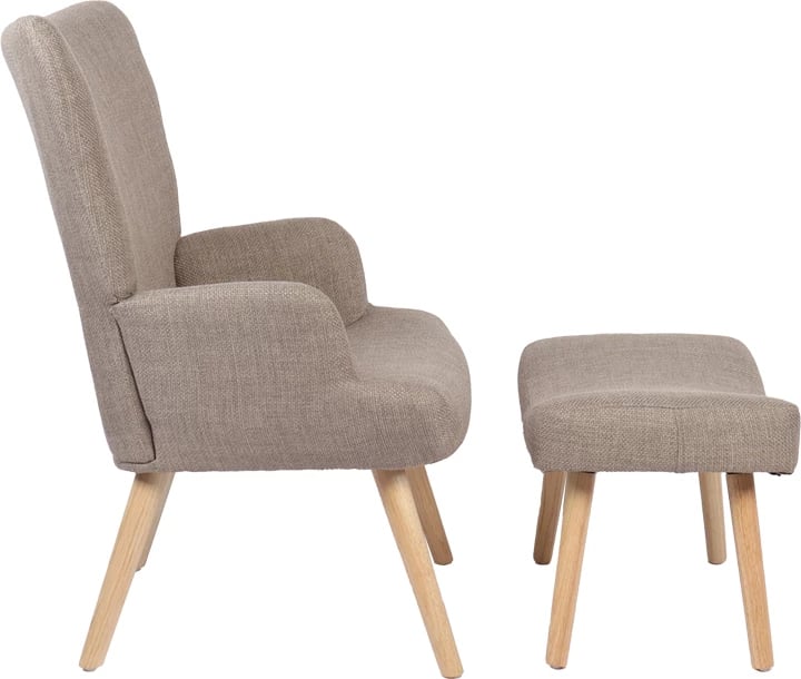 Fotel me tabure Gerlina, material gri-bezhë, këmbë ngjyrë natyrale, 71x64x94cm