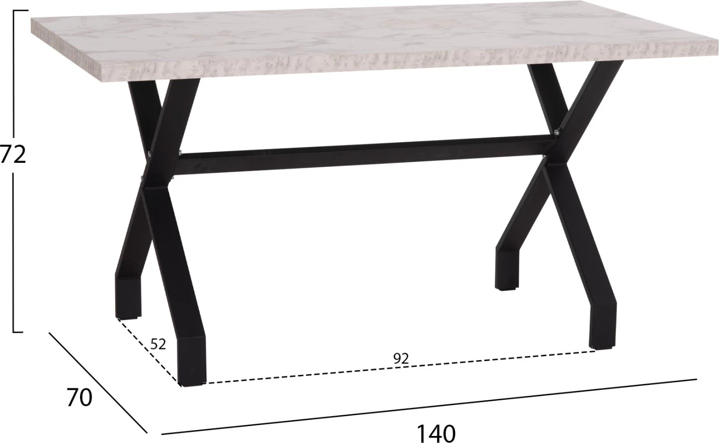 Tavolinë kuzhine LANA, pamje mermeri të bardhë, këmbë metalike të zeza, 140x70x72cm