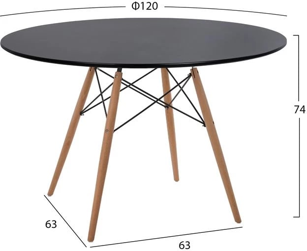Tavolinë ngrënieje e rrumbullakët minimaliste, FH8454.02, MDF ngjyrë e zezë, këmbë druri ahu natyral, Φ120x74H cm