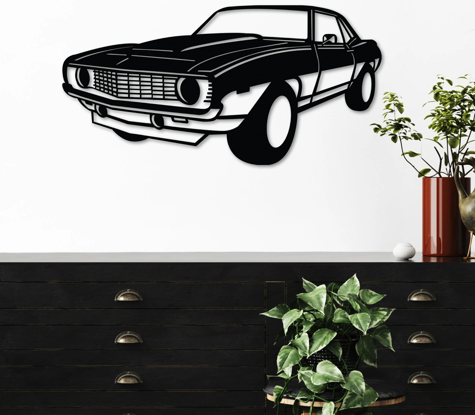 Aksesor dekorativ për mur, metalik, Chevy Camaro Yenko, ngjyrë e zezë, 60x30cm