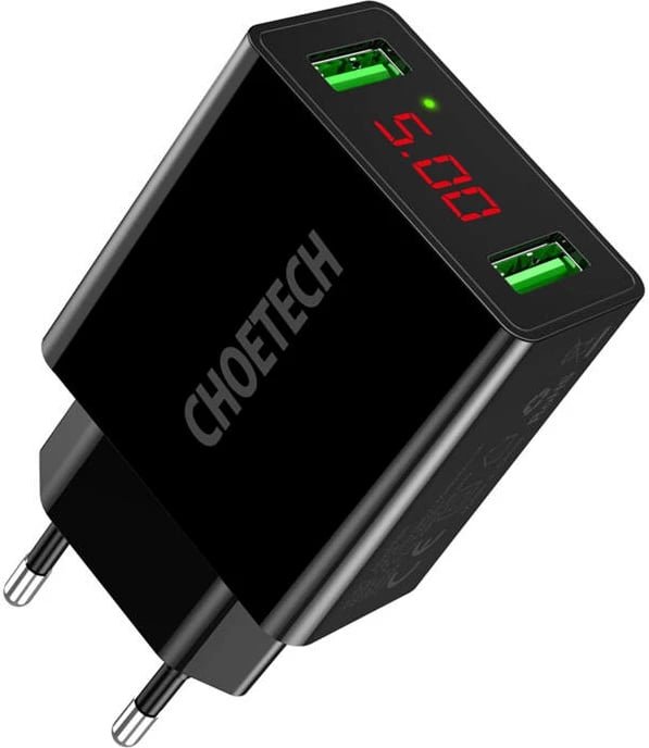 Karikues rrjeti Choetech C0028 me 2 porta USB-A dhe ekran LED, i zi
