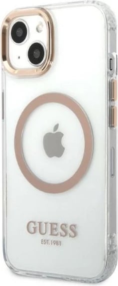 Mbështjellës Guess GUHMP13MHTRMD për iPhone 13 6.1", Metal Outline Magsafe, Ari/Transparent