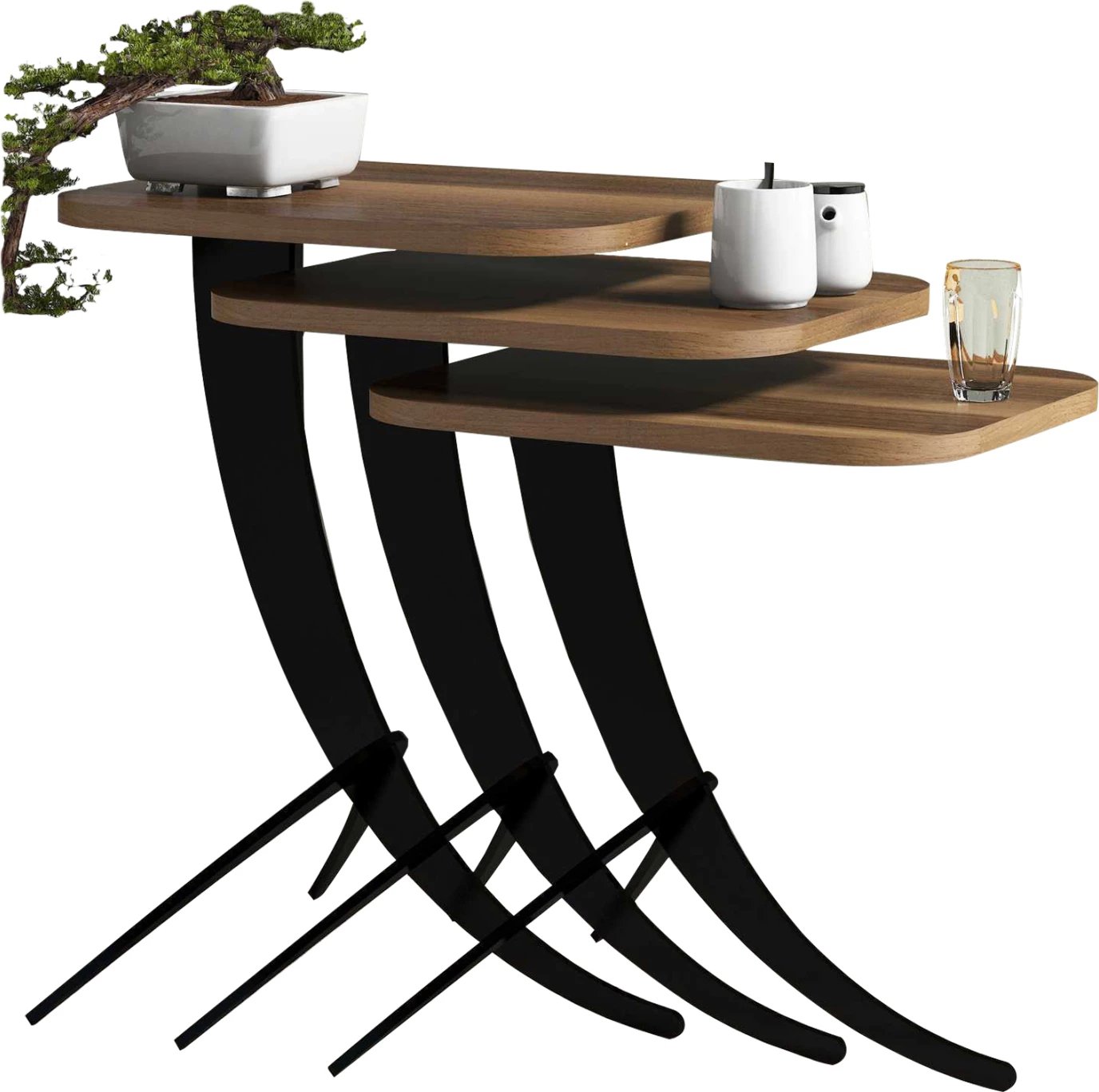 Tavolina anësore 3PCS FH9508.03 melaminë ngjyrë arre-këmbë metalike të zeza 35x45x60Hcm