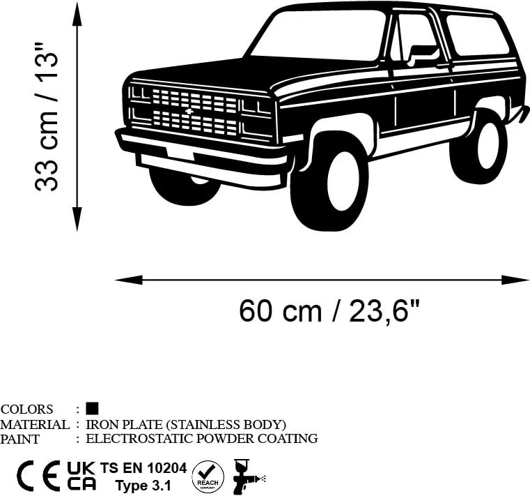 Aksesor dekorativ metalik për mur, Wallity, Chevrolet K5 Blazer, ngjyrë e zezë, 60x33cm