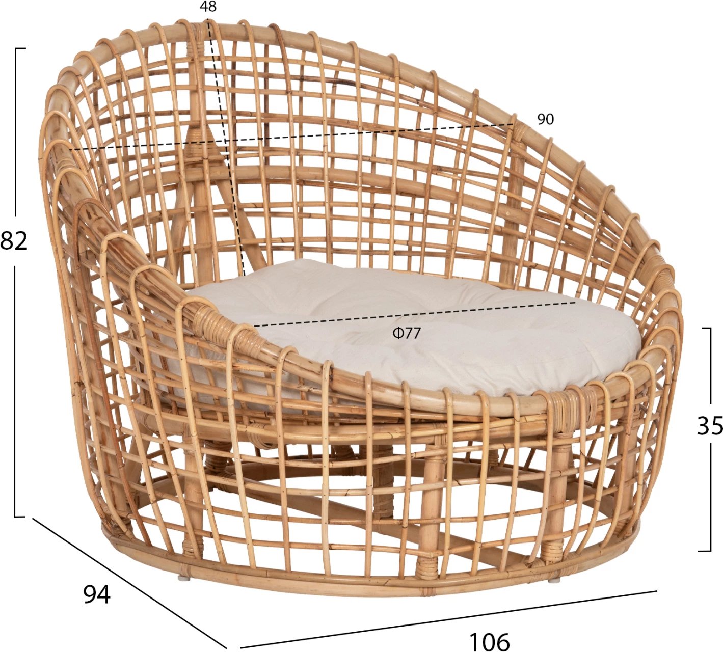 Karrige regjisore ENTO FH9814 rattan, ngjyrë natyrale, jastëk i bardhë, 106x94x82H cm