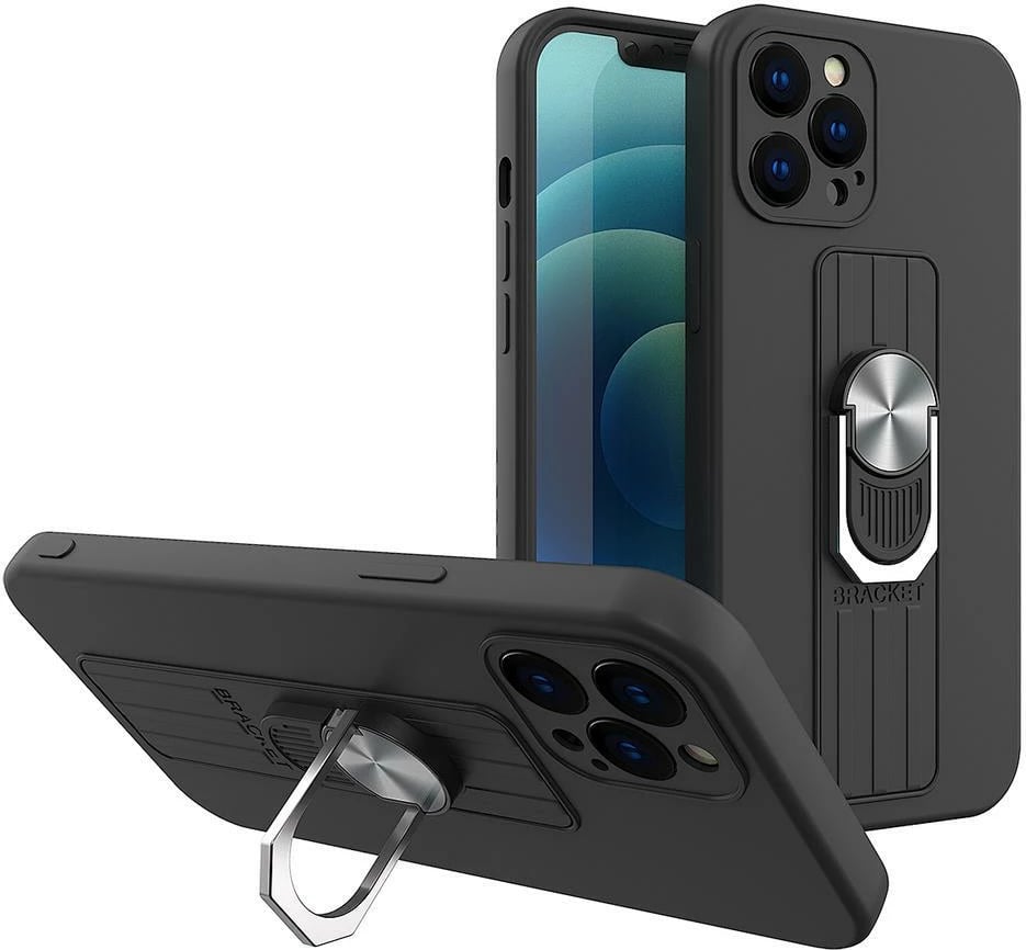 Mbështjellës Hurtel Ring Case për Xiaomi Redmi 10, silikon, me mbajtëse gishti dhe qëndrim, zi
