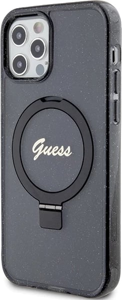 Mbështjellës Guess Ring Stand Script Glitter MagSafe për iPhone 12/12 Pro, i zi