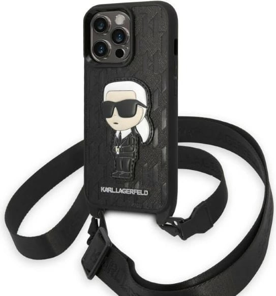 Mbështjellës Karl Lagerfeld KLHCP14LSTKMK për iPhone 14 Pro 6.1", Monogram Ikonik Patch, i zi me rrip
