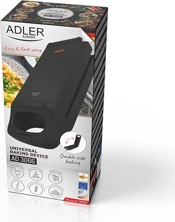 Pajisje pjekjeje/grilli me dy anë, Adler AD 3066, 750W-900W, pllaka jo-ngjitëse 18x9cm, e zezë Pajisje pjekjeje/grilli me dy anë, Adler AD 3066, 750W-900W, pllaka jo-ngjitëse 18x9cm, e zezë