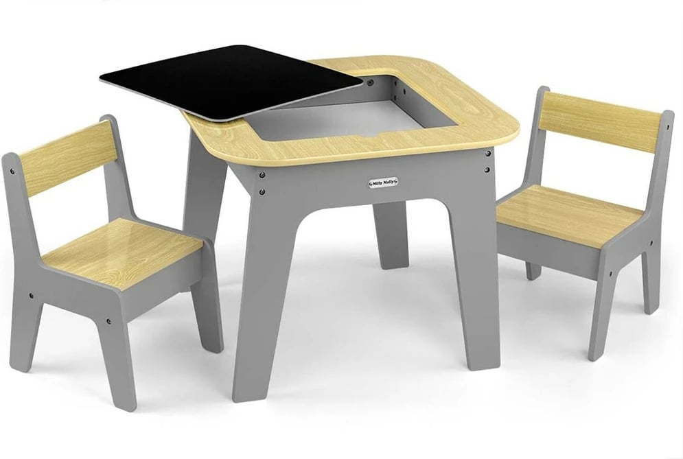 Set tavolinë dhe karrige fëmijësh, MILLY MALLY, Olaf Blocks, sipërfaqe e kthyeshme me tabelë shkumësi dhe hapësirë magazinimi, set 3-copësh, gri e errët