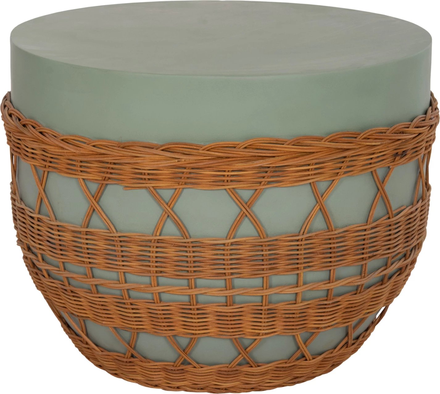 Tavolinë kafeje rrethore VILHENA, fibër-cement, ngjyrë e gjelbër, ratan natyral, FH18165, 56x47cm