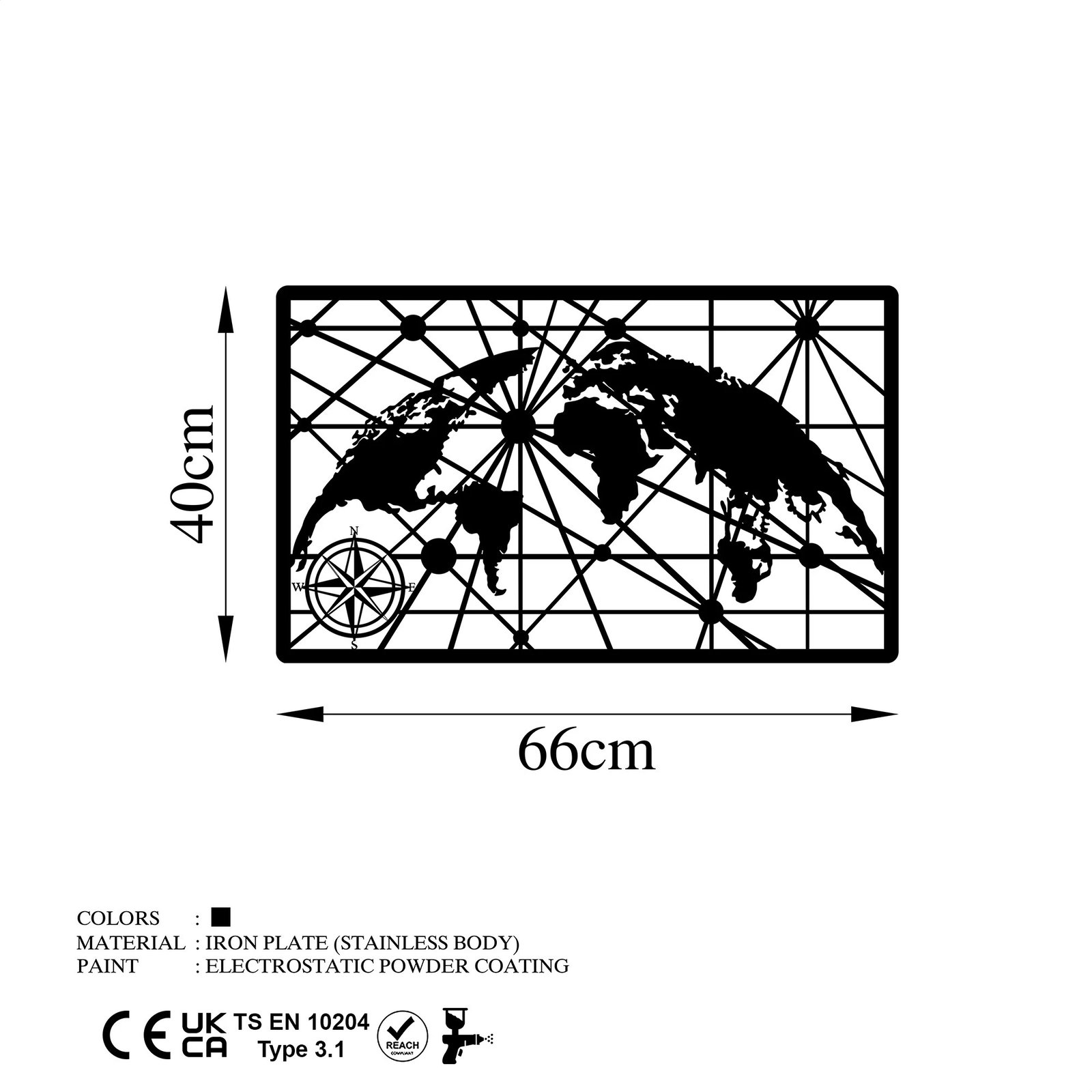 Aksesor dekorativ metalik për mur, hartë bote, Wallity, 40x66cm, e zezë
