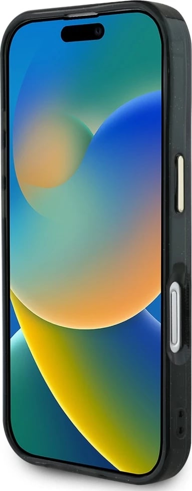 Mbështjellës Guess IML Metal Glitter 4G Circle Triangle MagSafe për iPhone 16, i zi Mbështjellës Guess IML Metal Glitter 4G Circle Triangle MagSafe për iPhone 16, i zi