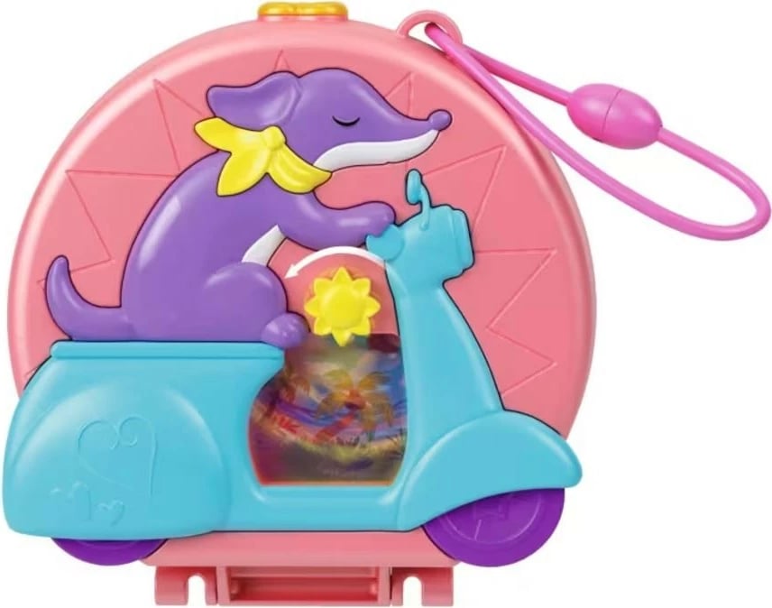 Set lodrash Polly Pocket Mattel HWN98, 2 kukulla të vogla, 12 aksesorë, skuteri me qenush