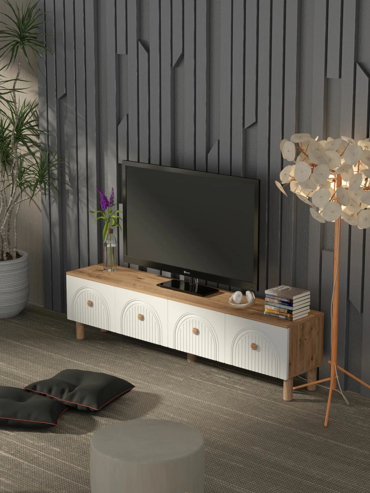 Komodë për TV, Skye Decor, Bellora, ngjyrë pishë Atlantike dhe e bardhë