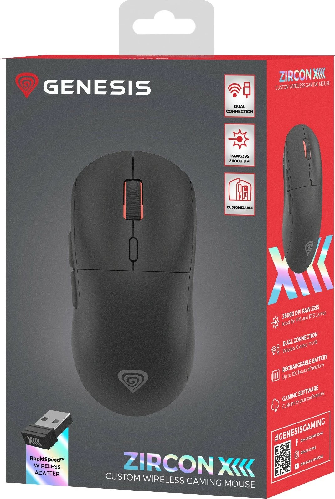 Maus Genesis Zircon XIII, wireless + USB Type-C, 26000 DPI, i zi