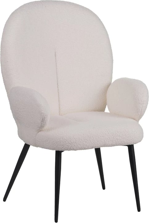 Karrige me këmbëngritës Qarar, stof boucle, ngjyrë bardhë, këmbë metalike të zeza, 67.5x67.5x106cm